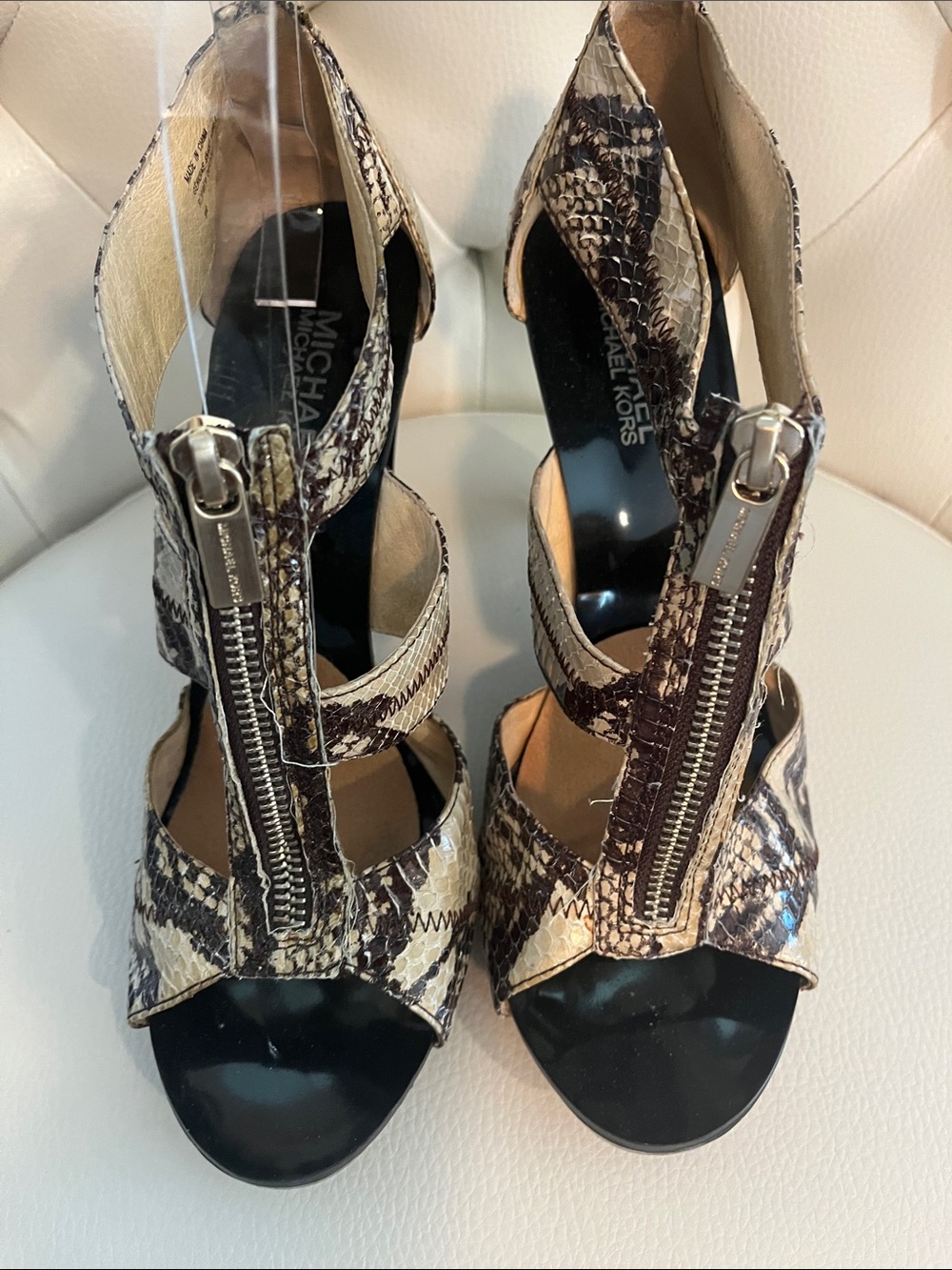 Michael Kors Beige and Black Snake Print Zippered High Heel Sandals - Picture 4 of 10
